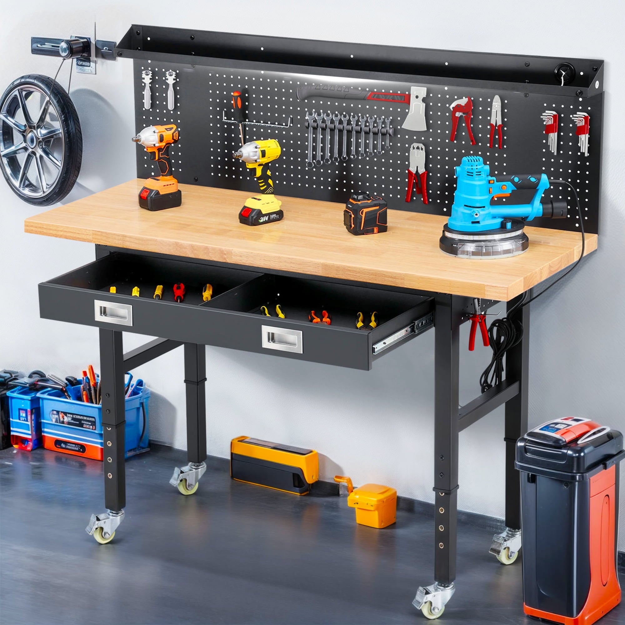 Workbench for Garage,ENJOYWOOD Heavy Duty 48 inch Wood Work Bench with Drawers,Led Lights, Pegboard and Wheels,Rubber Wood Tabletop,2000 LBS Load Bearing Workstation Garage Desk Table Worktable