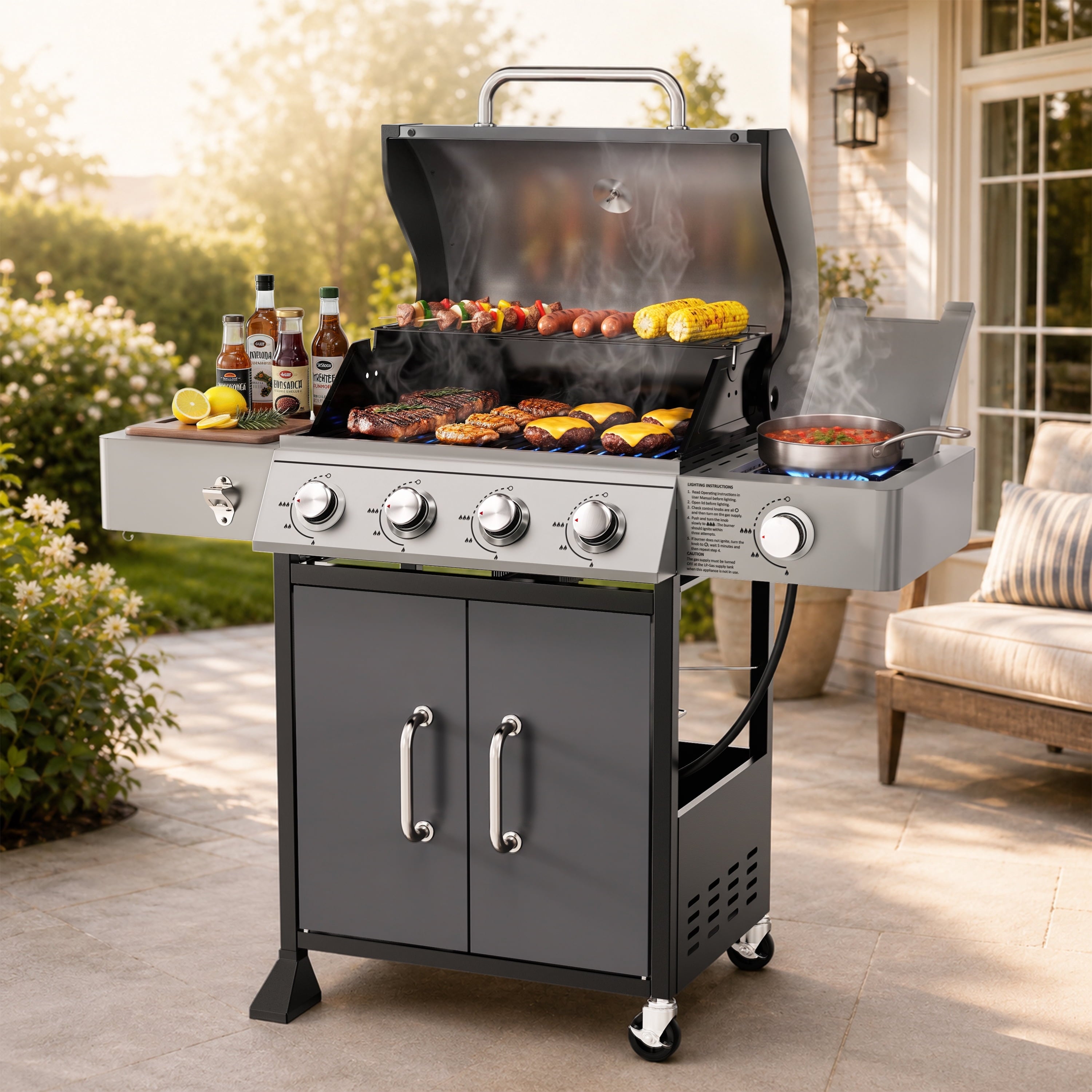 72,000 BTU Gas Grills Clearance, 6-Burner Propane BBQ Grill with Side Burner, 650 Sq.In Cooking Area, Cast Iron Grates, Warming Rack, Thermometer, Outdoor Grill for Patio Backyard