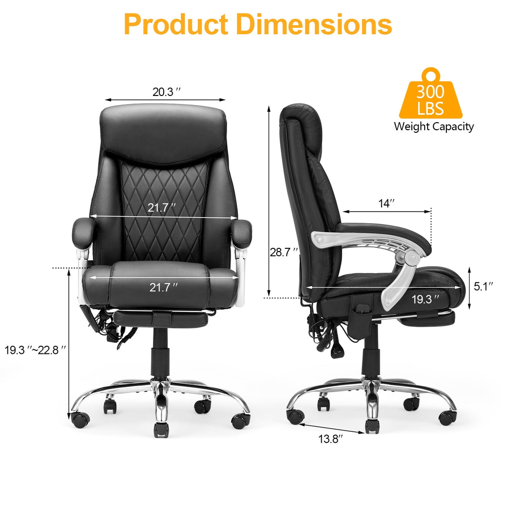 HOMREST Ergonomic Office Chair with 6-Point Massage & Heating, Adjustable Executive Desk Chair with Retractable Footrest, PU Leather Home Office Desk Chair for Home & Office (Black)