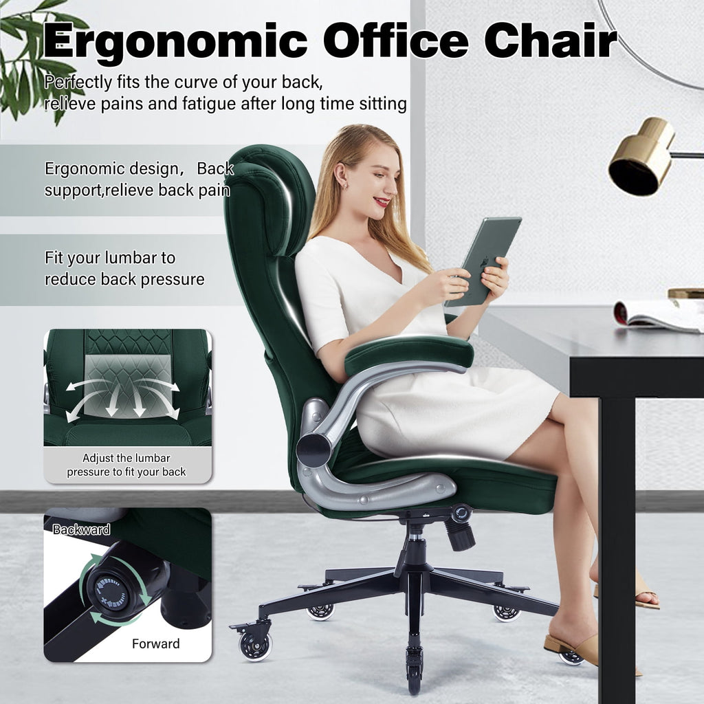 High Back Office Chair with Lockable Wheels, 400lbs Large Fabric Executive Desk Chair, Adjustable Lumbar Support Flip up Arms, Ergonomic Home Office Computer Chair with Storage Pocket, Black