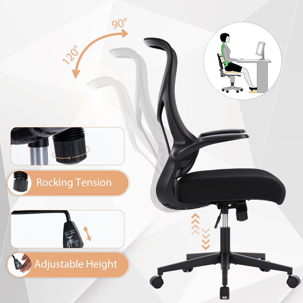 GIANNA Mesh Ergonomic Office Desk Chair, High Back Swivel Computer Chair, With 2D Headrest, Up&Down Lumbar Support, Adjustable Flip-up Armrests, Black