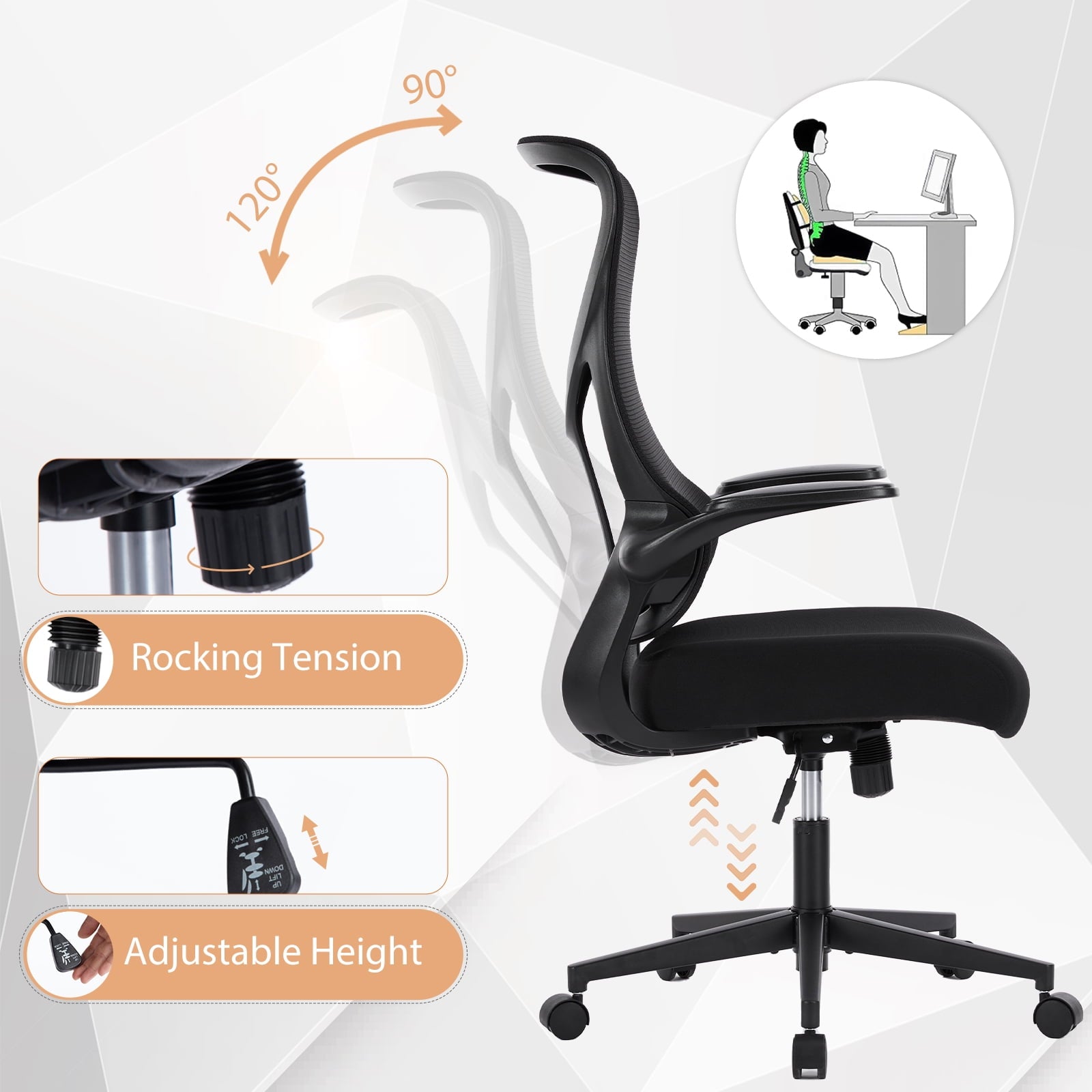 GIANNA Mesh Ergonomic Office Desk Chair, High Back Swivel Computer Chair, With 2D Headrest, Up&Down Lumbar Support, Adjustable Flip-up Armrests, Black
