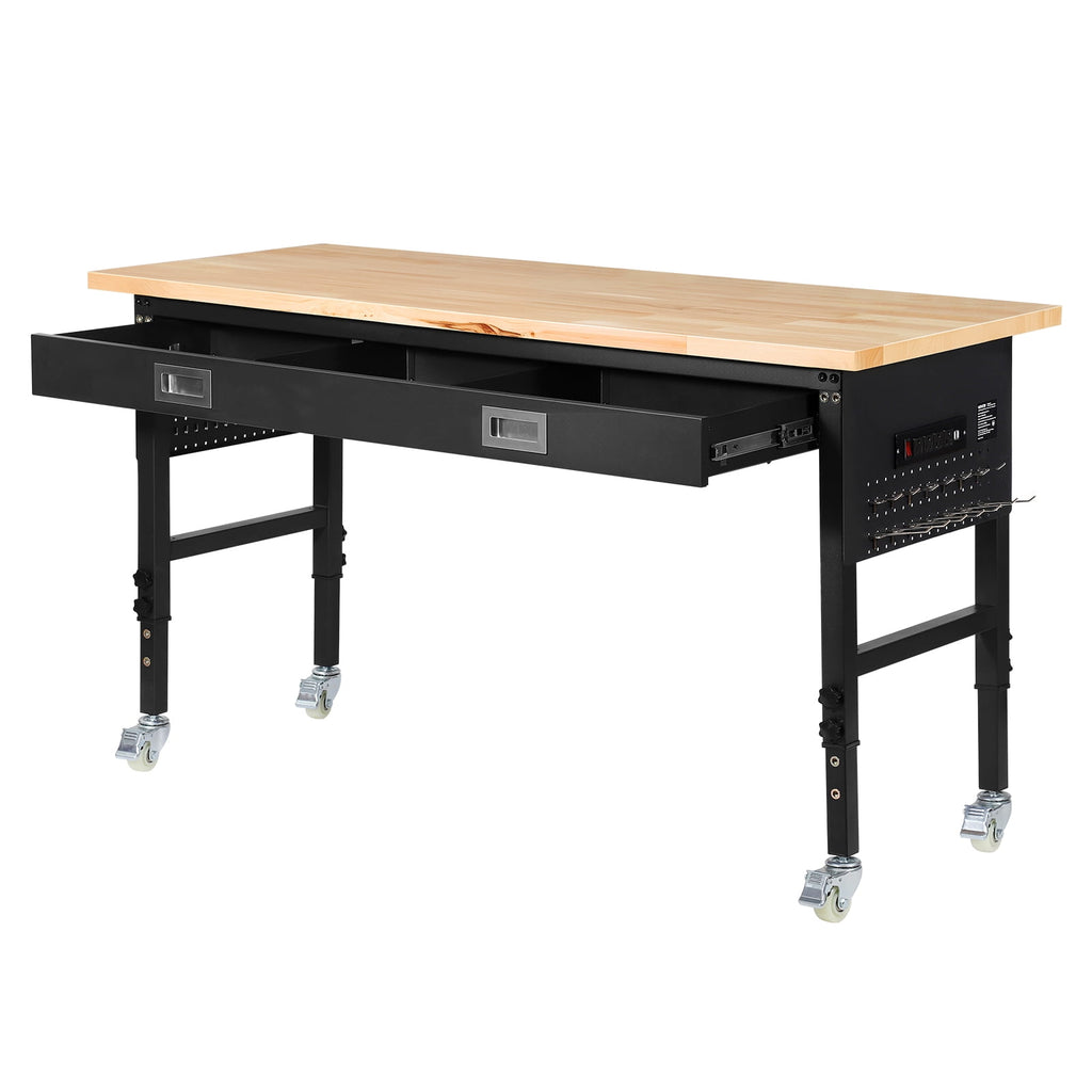 KFFKFF 60-inch Adjustable Workbench with Drawer, Power Outlet, Wheels, and Pegboard, Durable Oak Wood Top Work Table for Garage, Workshop, Office, and Home, Supports Up to 1500 lbs