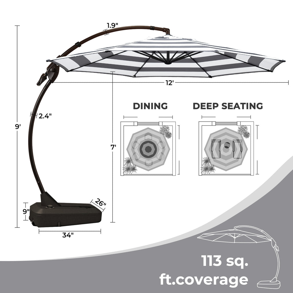 GRANDPATIO 12 Ft Outdoor Umbrella with Base, Large Aluminum Cantilever Offset Umbrella for Patio Pool, Black & White