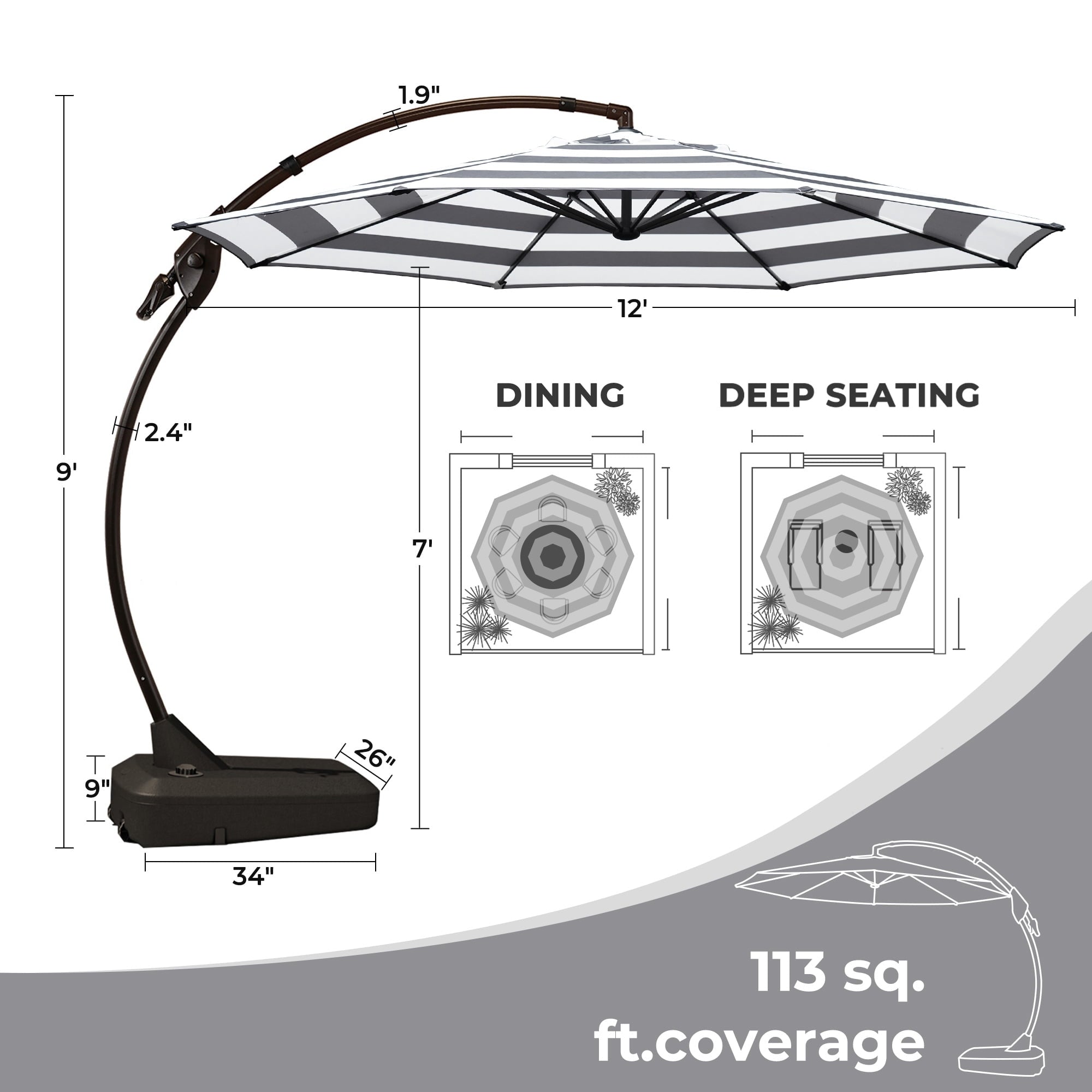 GRANDPATIO 12 Ft Outdoor Umbrella with Base, Large Aluminum Cantilever Offset Umbrella for Patio Pool, Black & White