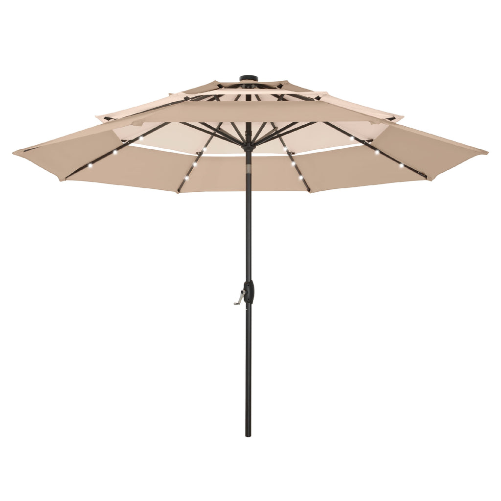 Summit Living 10ft Patio Umbrella with Solar Lights 3-Tier Vented Outdoor Market Umbrella with Auto-Tilt – Beige