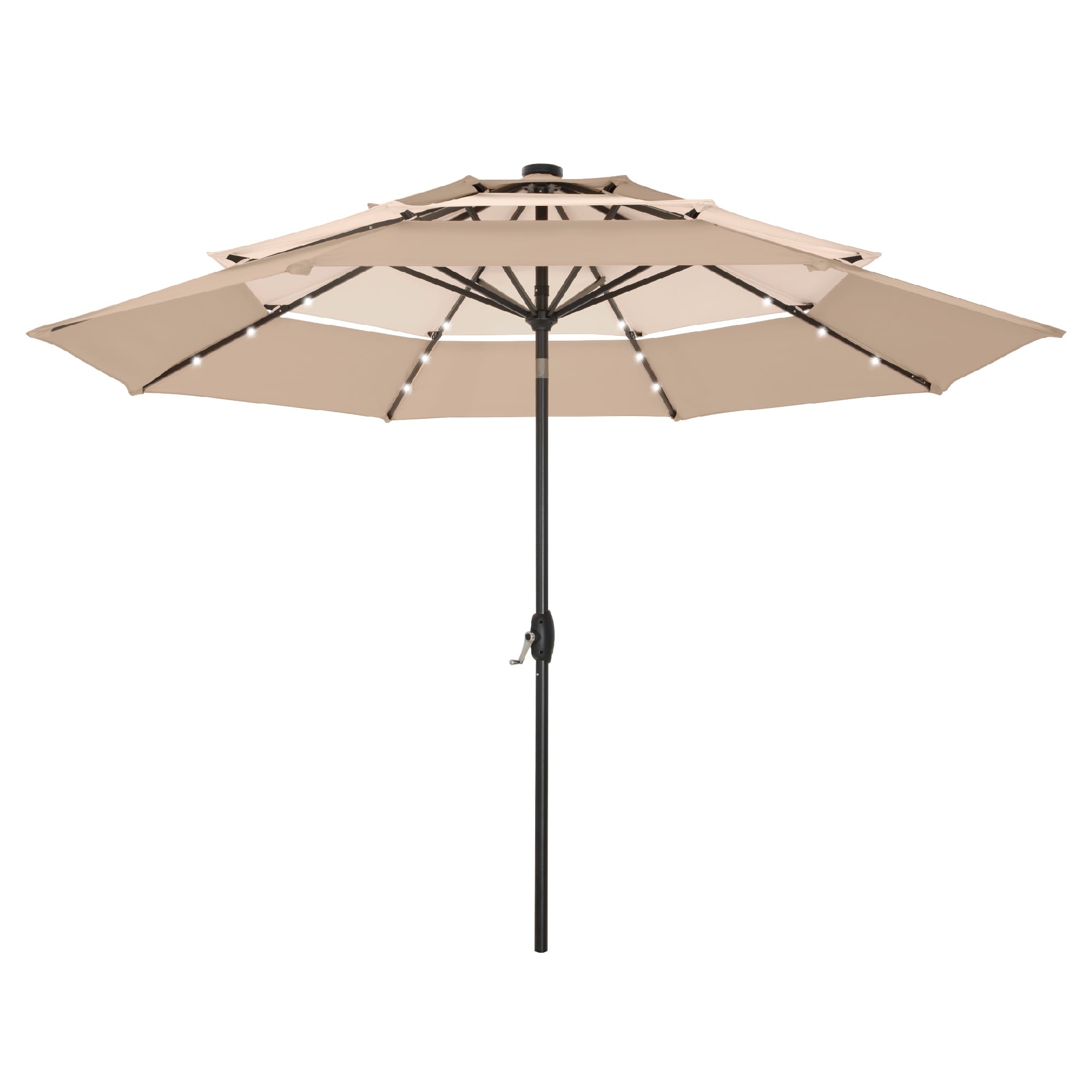 Summit Living 10ft Patio Umbrella with Solar Lights 3-Tier Vented Outdoor Market Umbrella with Auto-Tilt – Beige