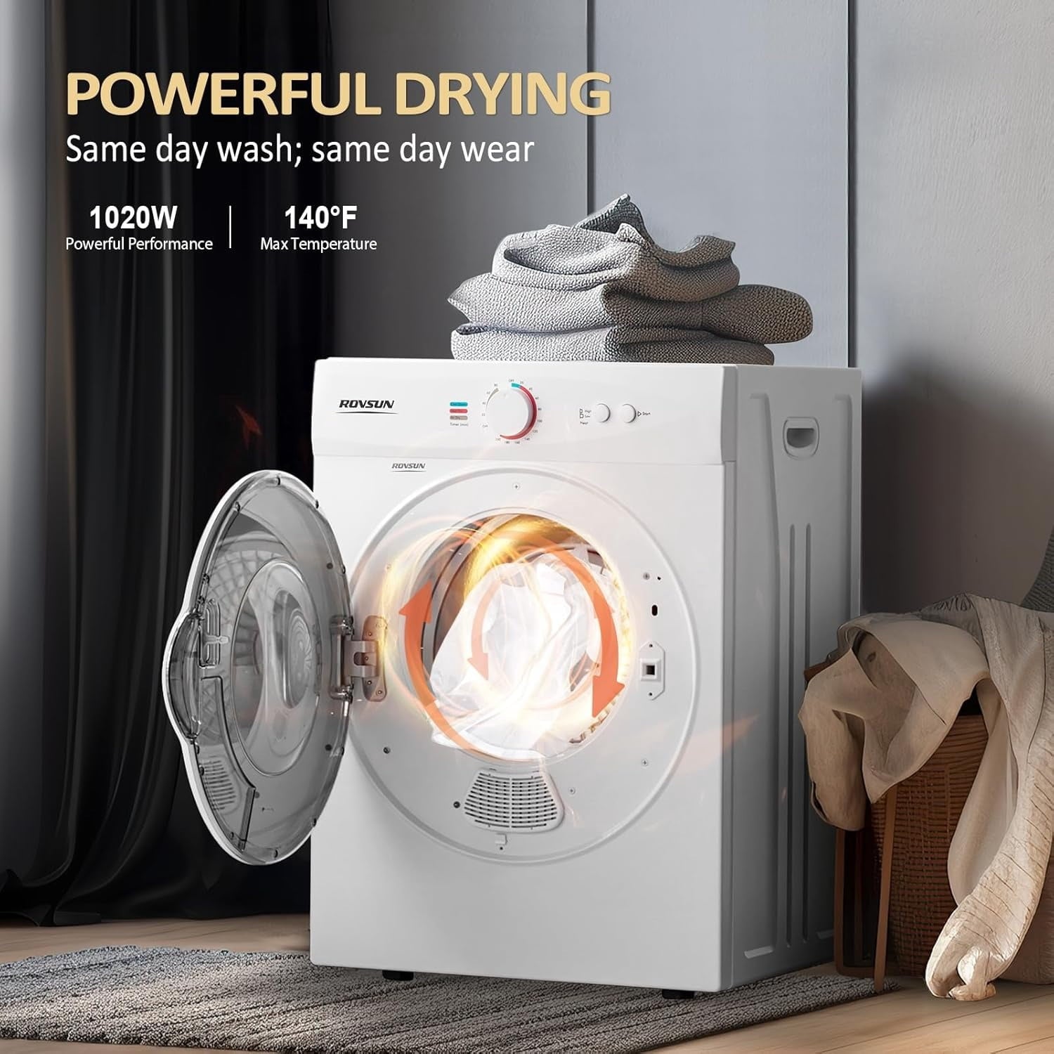 2.6 Cu.Ft White Compact Portable Laundry Dryer, 110V Electric Clothes Dryer with Stainless Steel Tub & Control Knob, Small Portable Dryer Machine for Apartment Dorm RV Indoor Use