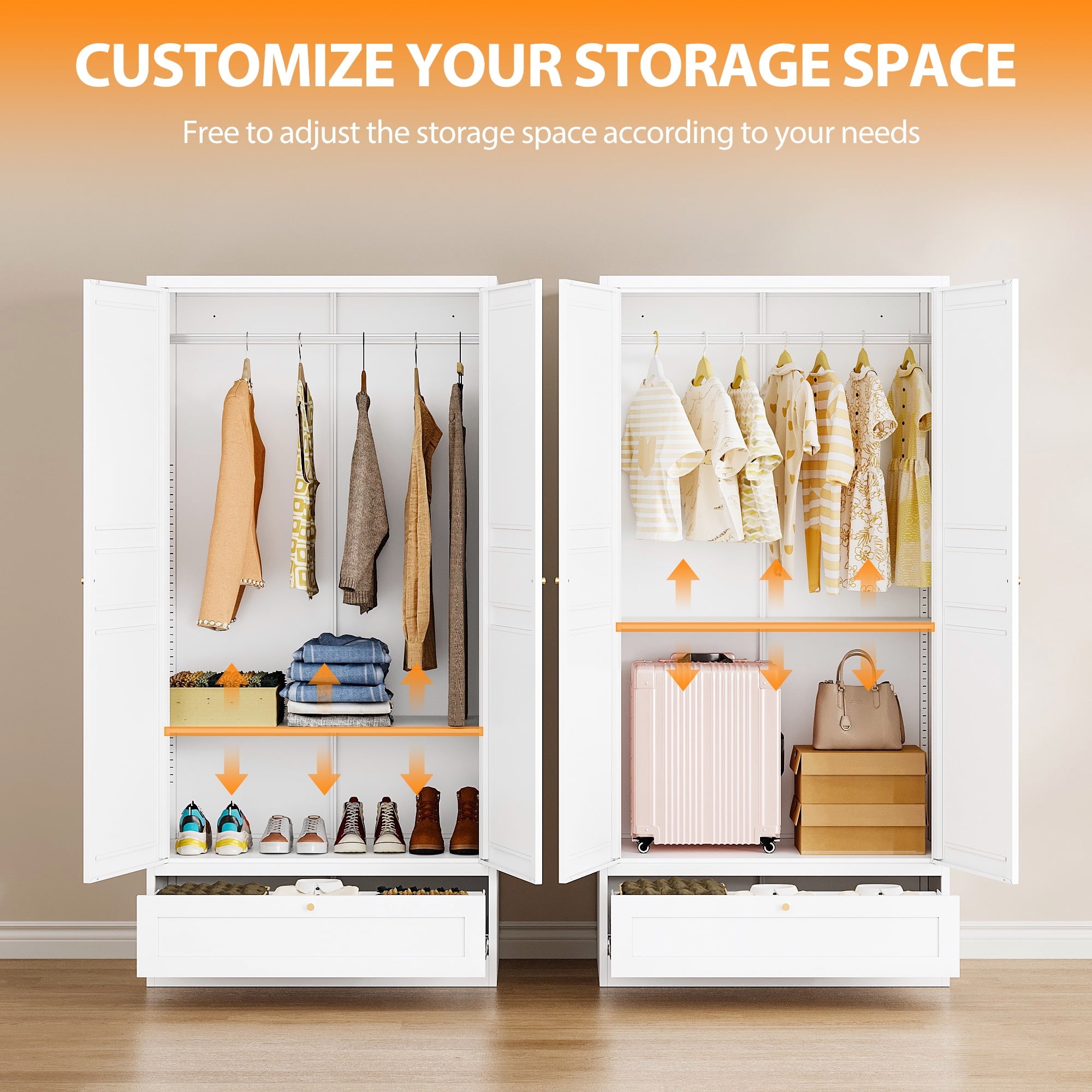 STANI Metal Wardrobe Closet with Hanging Rod, 72 White Armoire Wardrobe Cabinet with Adjustable Shelves, Clothes Storage Organizer Cabinets for Bedroom, Bathroom, Office