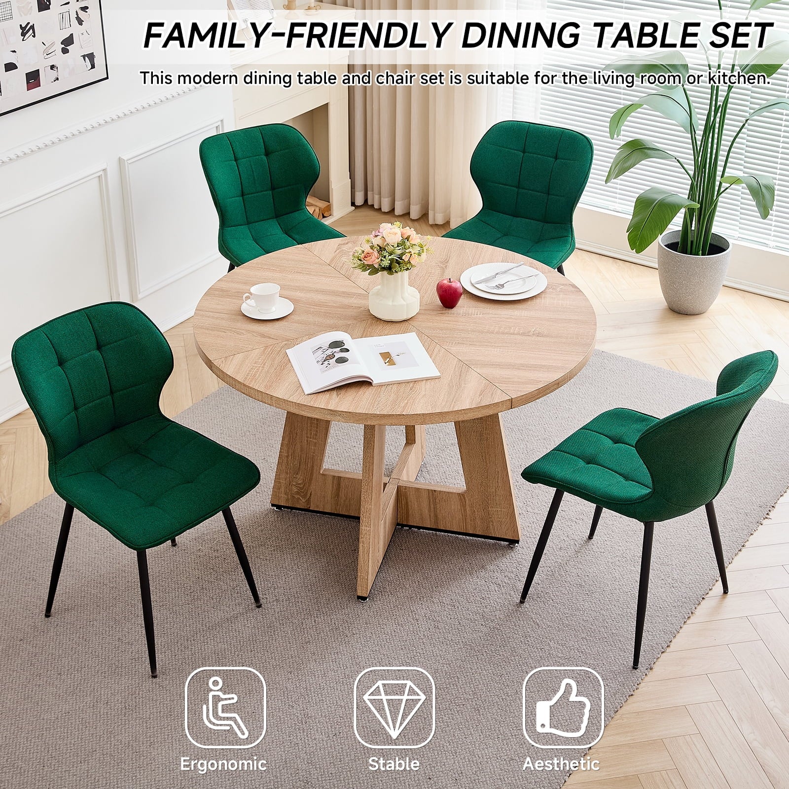 47 Round Dining Table Set for 4 Mid-Century Modern Kitchen Table with 4 Upholstered Chairs Kitchen Coffee Set Dining Table and Chairs for Living Room(Natural Table with 4 Beige Chairs)