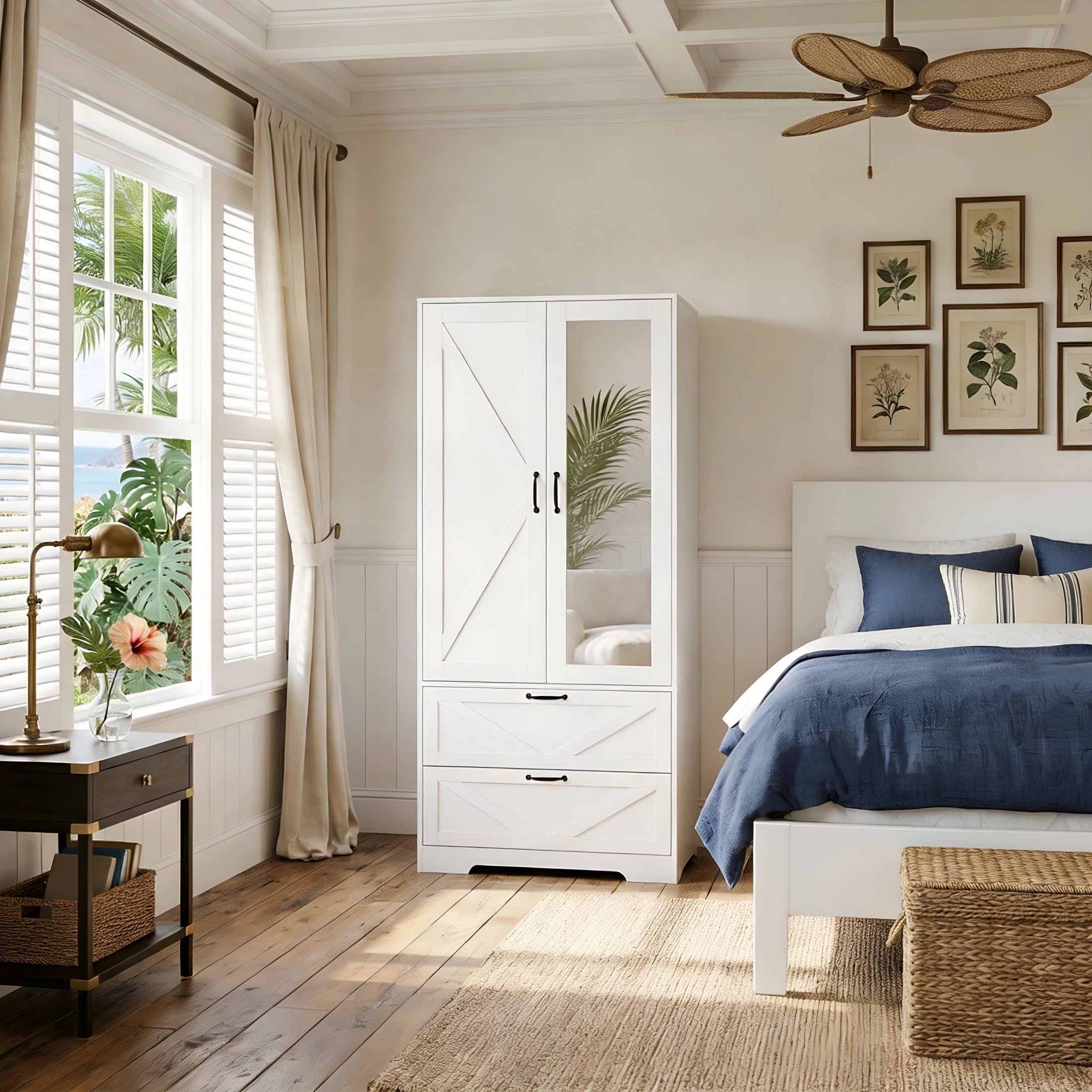 AISWORD 60 Tall Metal Wardrobe Cabinet with 1 Drawer and Hanging Rod, 2 Doors Closet with Adjustable Shelf, White