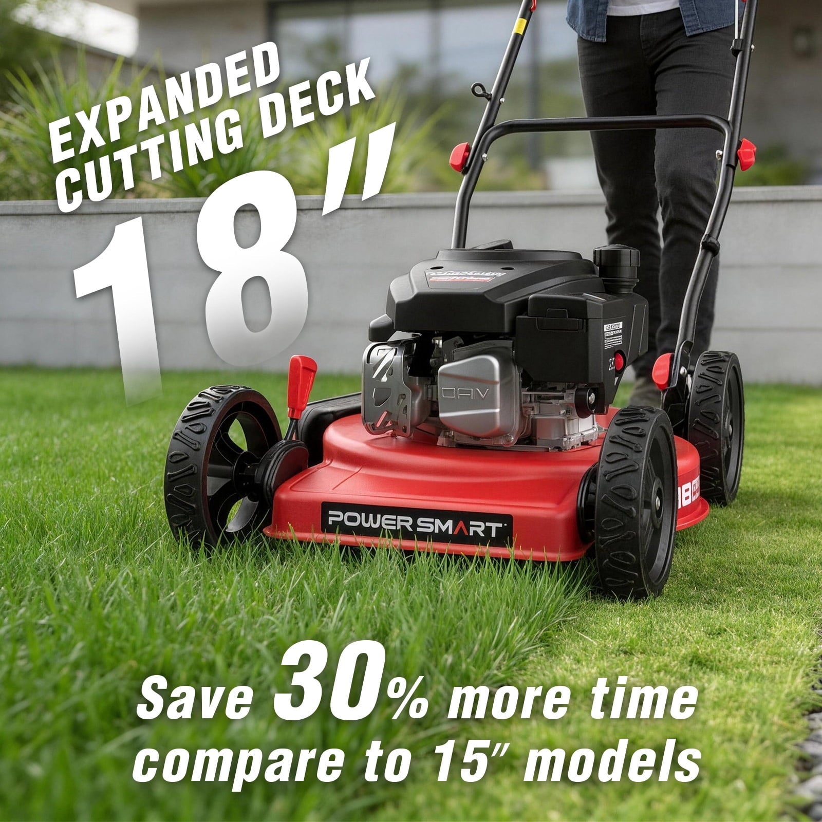 PowerSmart 144cc 18  Gas Push Lawn Mower, Steel Deck, 5-Position Height Adjustment