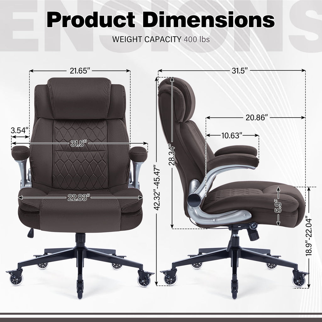 High Back Office Chair with Lockable Wheels, 400lbs Large Fabric Executive Desk Chair, Adjustable Lumbar Support Flip up Arms, Ergonomic Home Office Computer Chair with Storage Pocket, Black