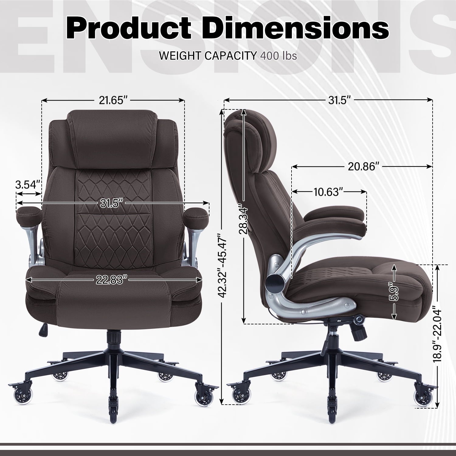 High Back Office Chair with Lockable Wheels, 400lbs Large Fabric Executive Desk Chair, Adjustable Lumbar Support Flip up Arms, Ergonomic Home Office Computer Chair with Storage Pocket, Black