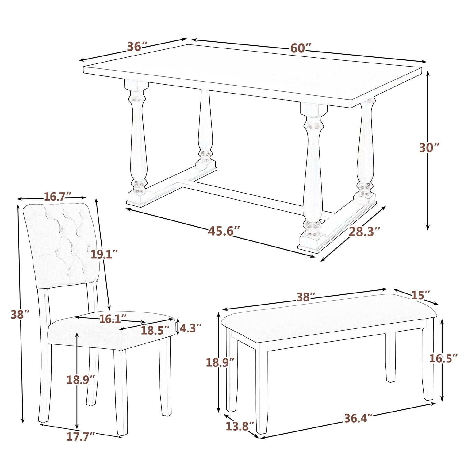 Harper & Bright Designs Dining Table Set for 6 with Bench Rectangular Table and 4 Upholstered Chairs for Kitchen, Gary
