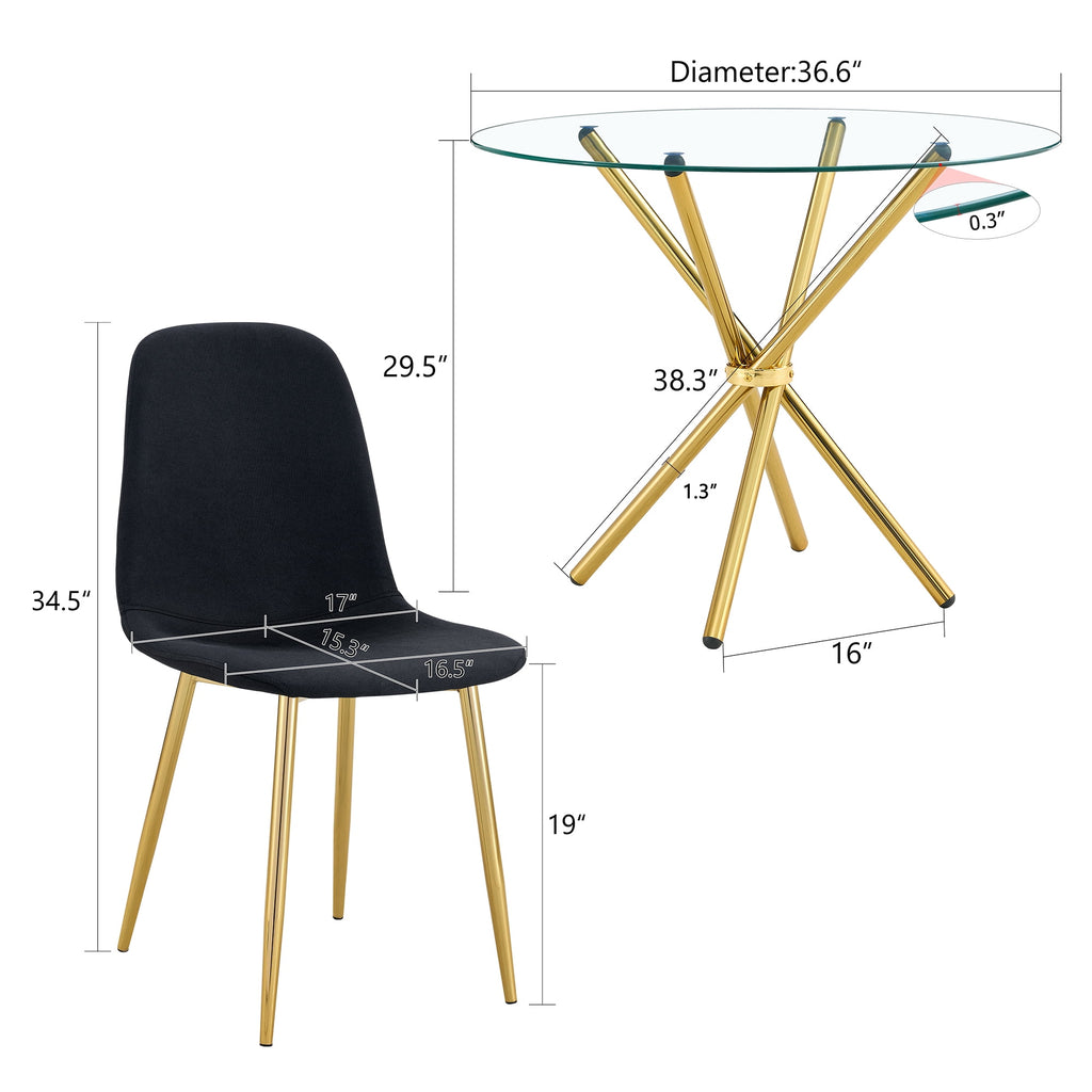 LUFTUT 36.6 Round Glass Dining Table, Modern Gold Base Kitchen Table, Small Space Bistro Table, Clear Tempered Glass Top for Apartmen