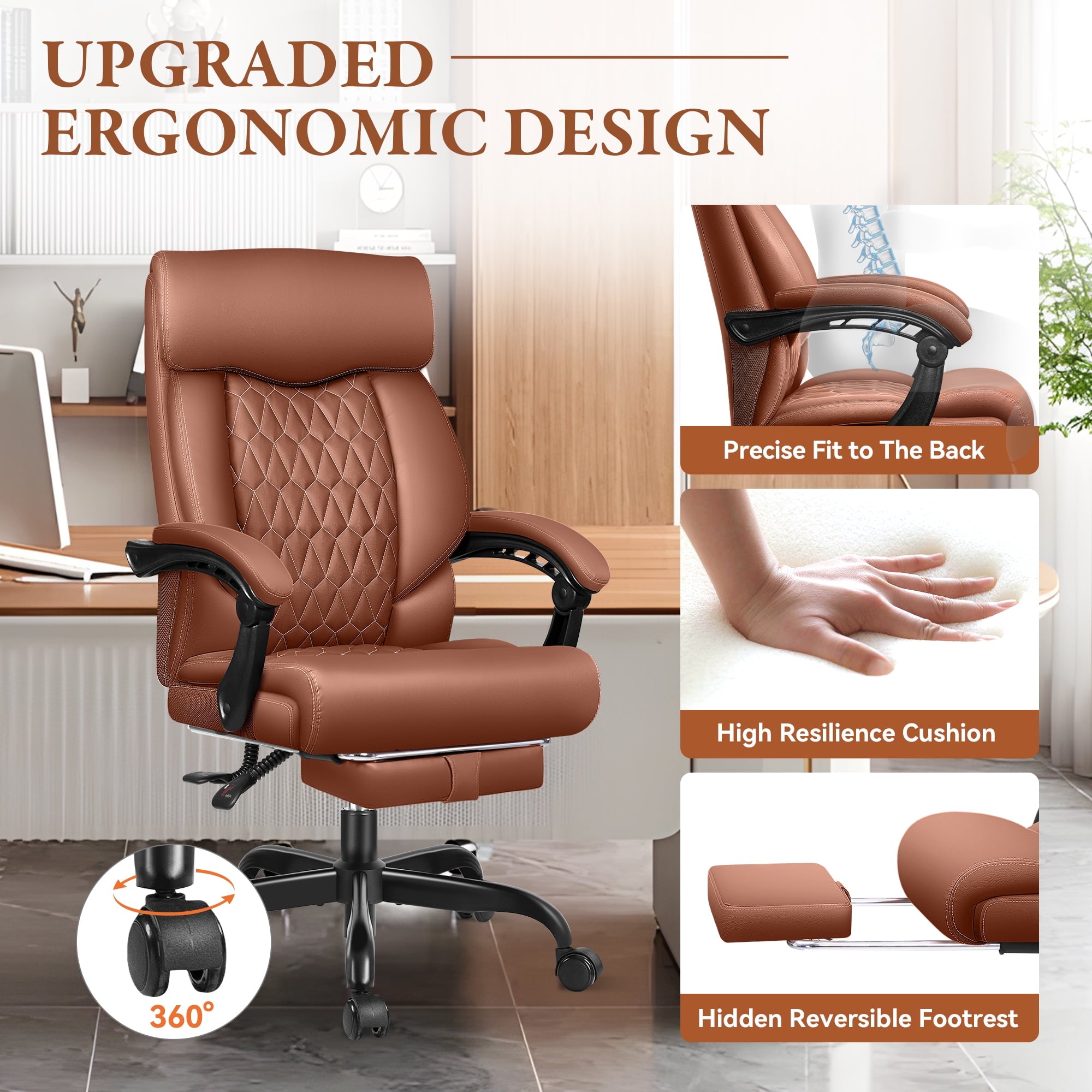 FASTES Executive Office Chair, Ergonomic Desk Chair with Adjustable Armrests, Computer Leather Chair Big and Tall Office Chair with Footrest and Lumbar Support, Brown