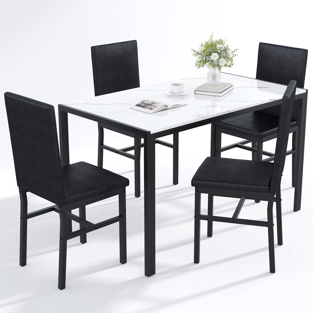 UHOMEPRO Dining Table Set for 4, 5 Piece Dining Room Table Set with Gray Velvet Upholstered Chairs, White Faux Marble Pattern Rectangle Kitchen Table Set for Breakfast Nook Small Space