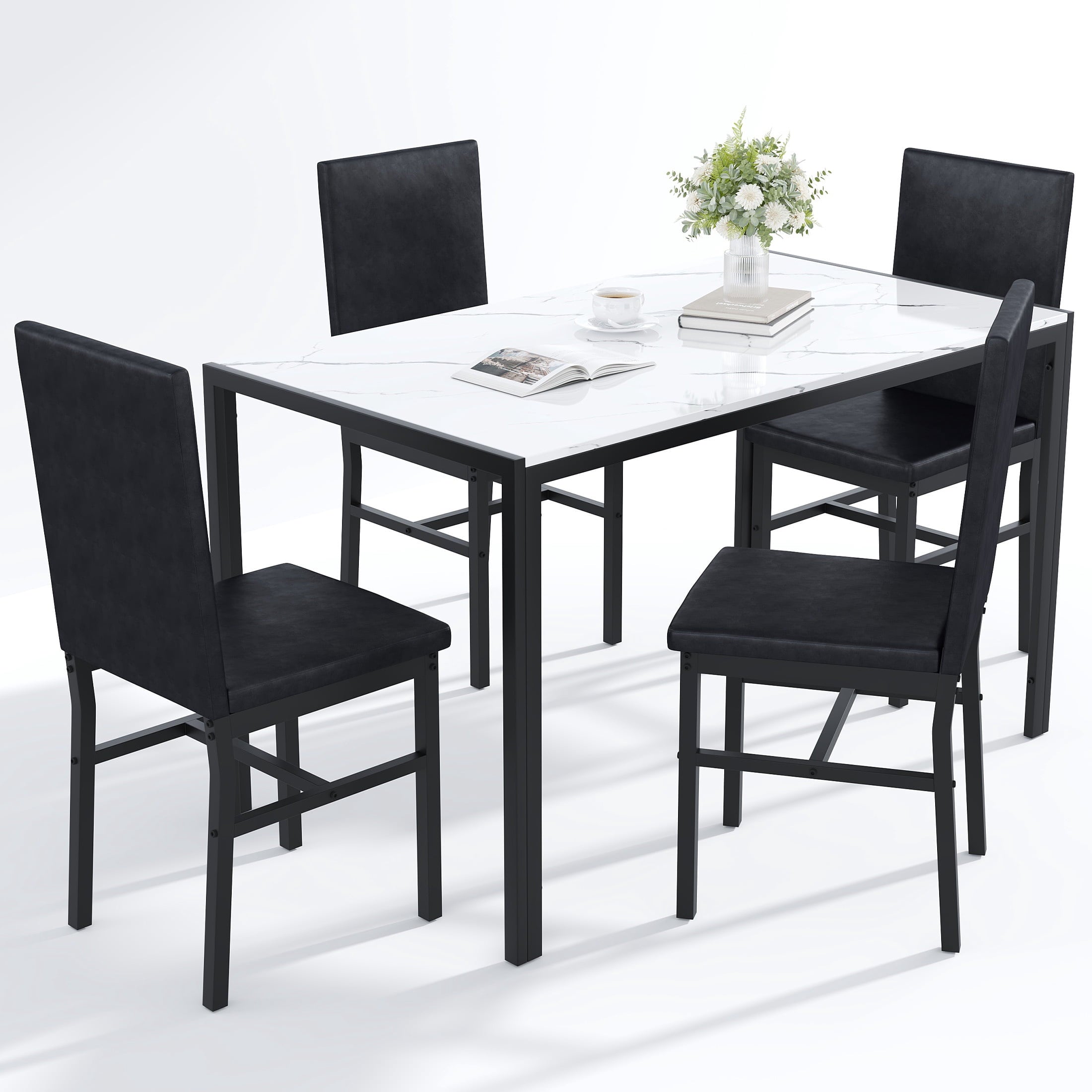 UHOMEPRO Dining Table Set for 4, 5 Piece Dining Room Table Set with Gray Velvet Upholstered Chairs, White Faux Marble Pattern Rectangle Kitchen Table Set for Breakfast Nook Small Space