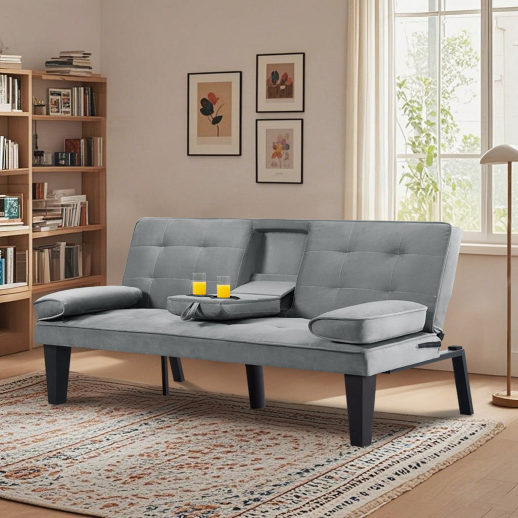 BSHTI 65 Modern Velvet Futon Sofa Bed with Drop Down Cup Holders, 3-Position Adjustable Backrest, Removable Arm Cushions, Chrome Legs for Living Room & Guest Room Black