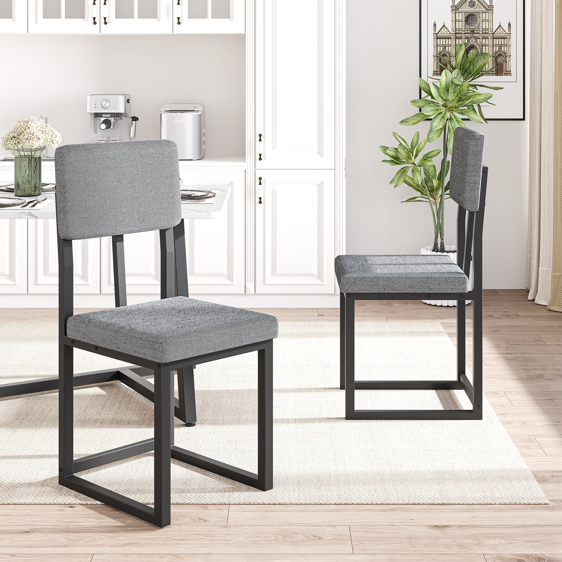 PORKISS 5 Piece Dining Table Set, Modern Faux Marble Tabletop and 4 Linen Upholstered Chairs, Rectangle Kitchen Table and Chairs for 4, White + Gray(Linen)