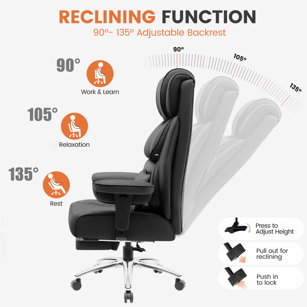 COOLHUT Big and Tall Office Chair 400LBS, Adjustable Headrest Ergonomic Computer Desk Chair, Executive Leather Chair with Adjustable Armrest, High Back Office Chair Havy Duty Design, Black