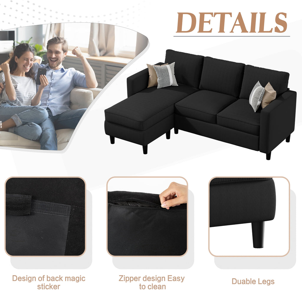 Walsunny 73.6 Convertible Sectional Sofa Couch, L-Shaped 3-Seat Sofa Couch with Reversible Chaise for Small Space,Dark Gray