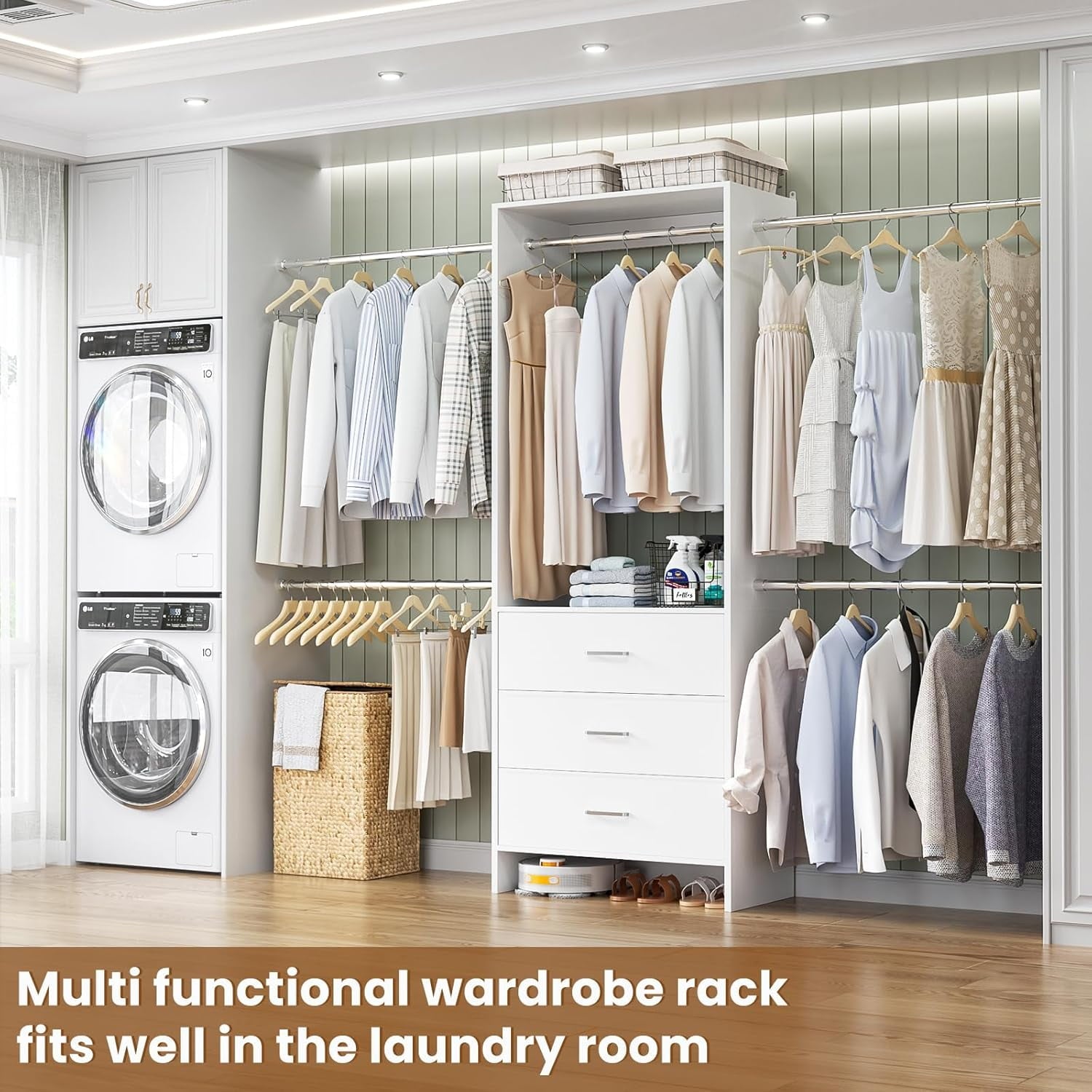 Homieasy Closet System, Closet Organizer with 3 Wooden Drawers, Walk-in Closet Wardrobe Clothes Rack with 4 Hanging Rods, Garment Rack, White