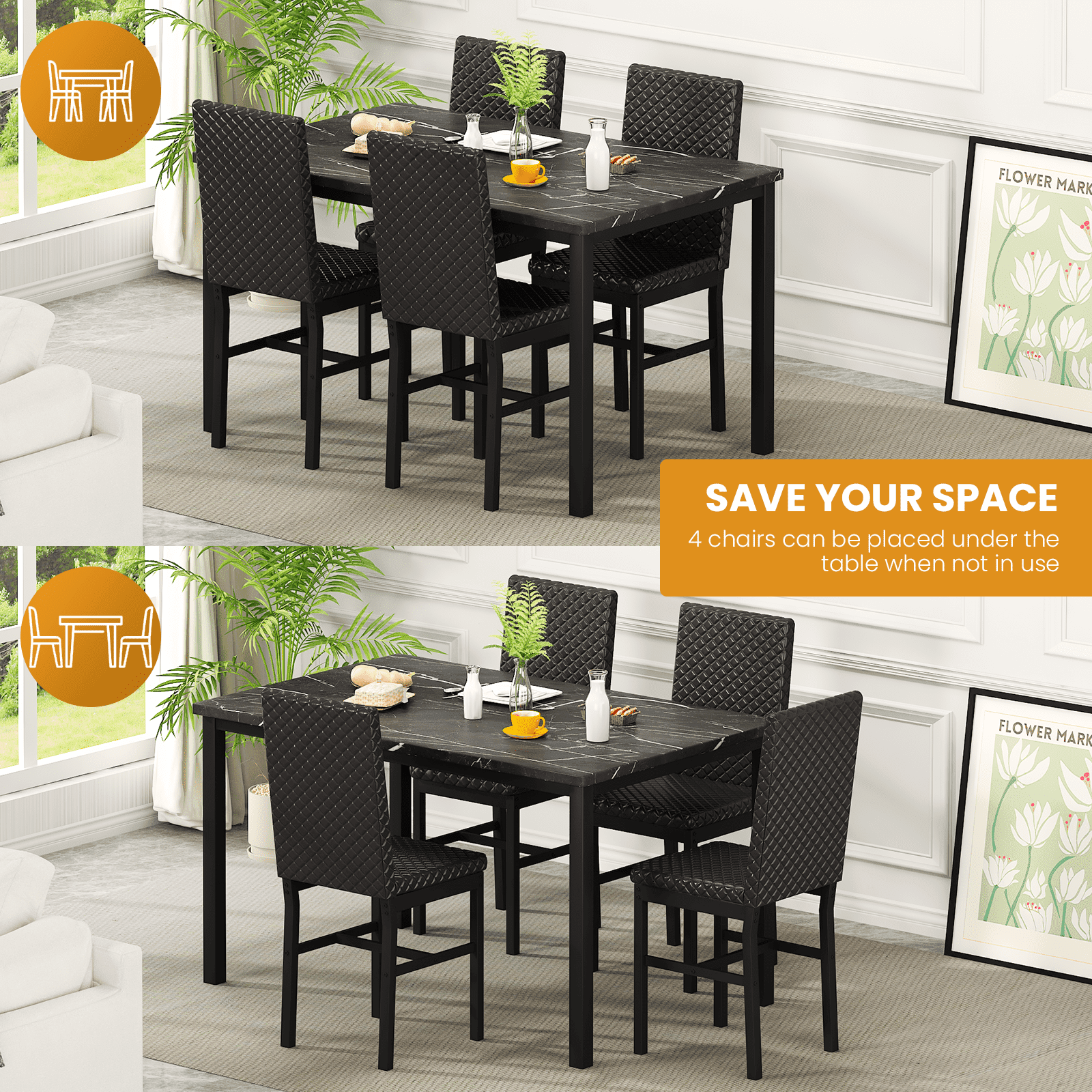 Baxluxe Dining Table Set for 4, Modern 5 Piece Dining Table Set, Faux Marble Kitchen Table and 4 Velvet Upholstered Chairs for Apartments, Dining Rooms, Small Spaces, Gray