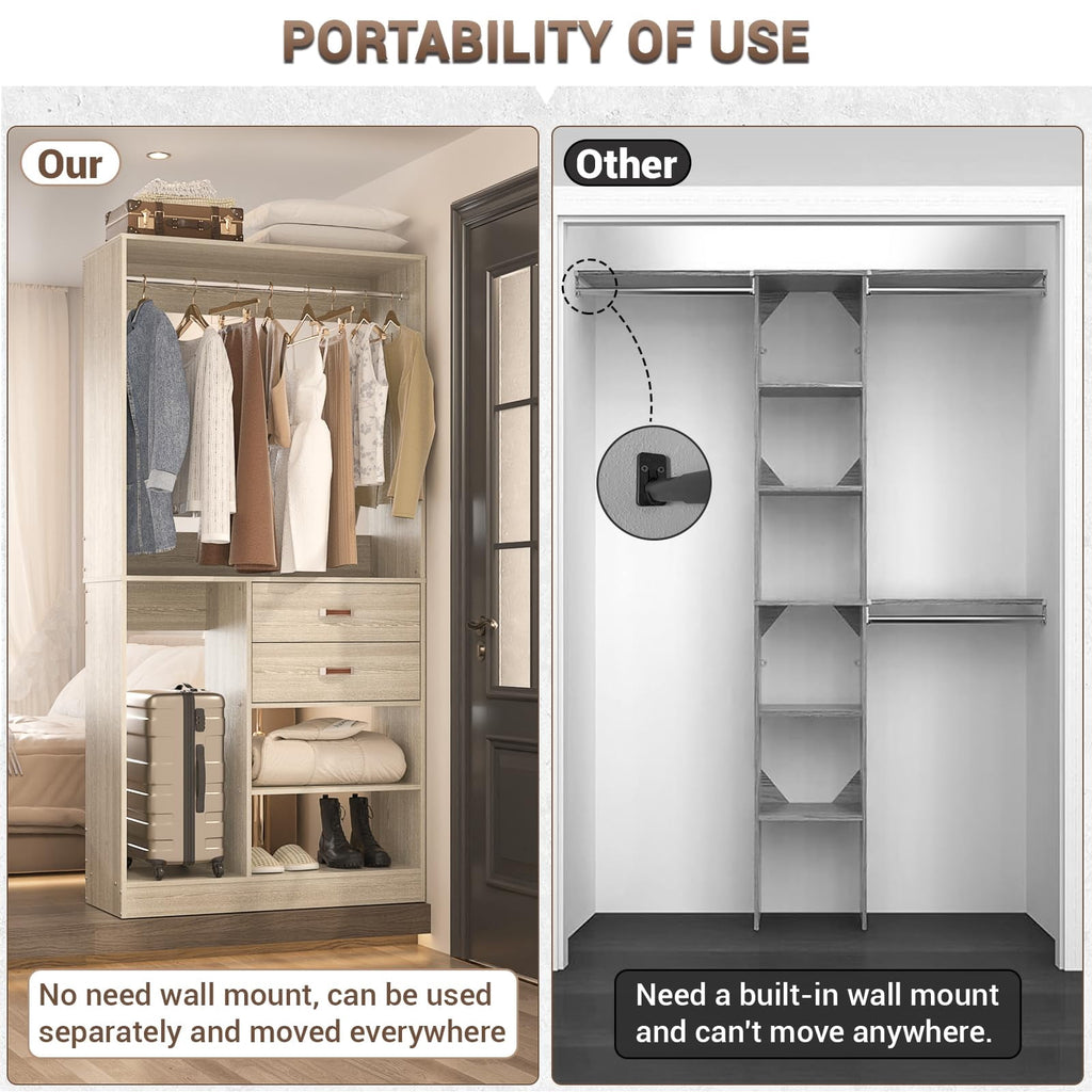 Homieasy Freestanding Closet System with Suitcase Storage, 40'' Closet Organizer System with 2 Wood Drawers and Hanging Rod, White