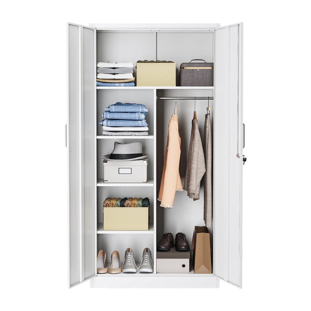 STANI Metal Wardrobe Closet with Hanging Rod, 72 White Armoire Wardrobe Cabinet with Adjustable Shelves, Clothes Storage Organizer Cabinets for Bedroom, Bathroom, Office