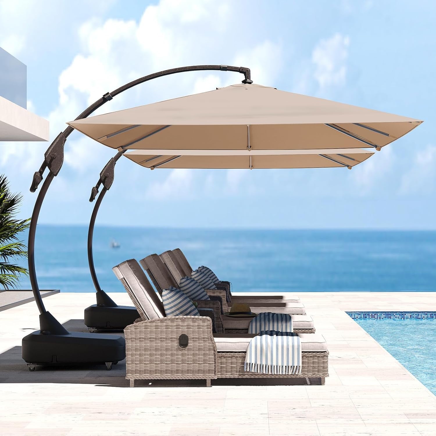GRANDPATIO Patio Umbrellas 10x13 FT Rectangular Offset Umbrella, Large Patio Cantilever Umbrella with Base Aluminum Outdoor Umbrella for Garden Poolside, Champagne