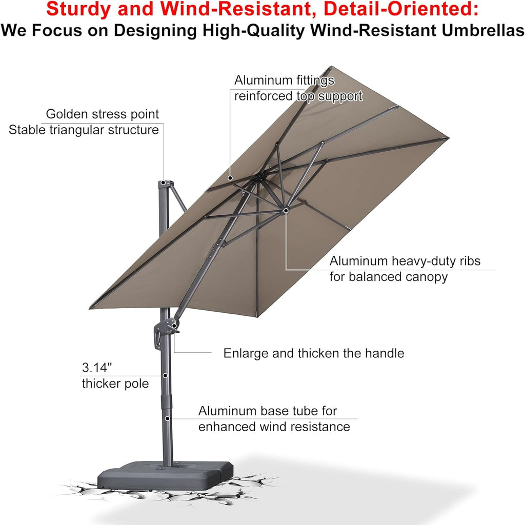 PURPLE LEAF 10' X 13' Rectangle Cantilever Umbrella with Base Outdoor Large Aluminum Patio Umbrella with 3-Year Fade Resistance Recycled Fabric and 360-degree Rotation for Deck Pool, Graphite Grey
