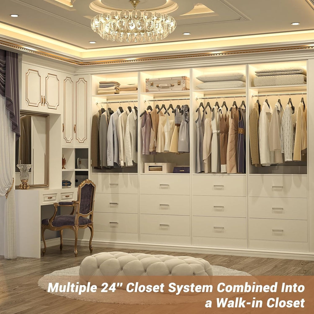 Homieasy Freestanding 2FT Closet System with 3 Wood Drawers, 24 Closet Organizer System with Hanging Rod & Shelves, Walk-in Closet Systems for Small Closets, White