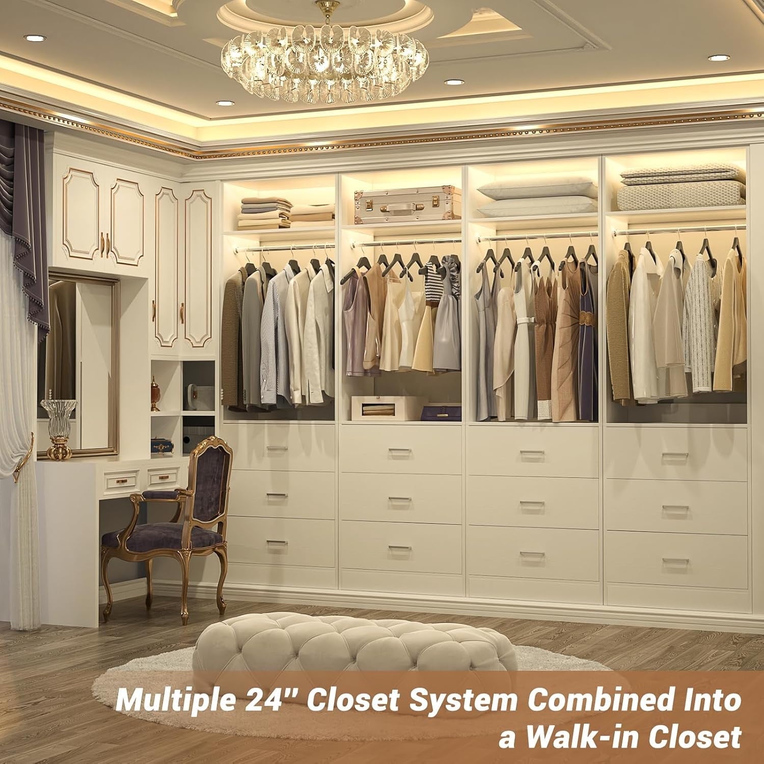 Homieasy Freestanding 2FT Closet System with 3 Wood Drawers, 24 Closet Organizer System with Hanging Rod & Shelves, Walk-in Closet Systems for Small Closets, White