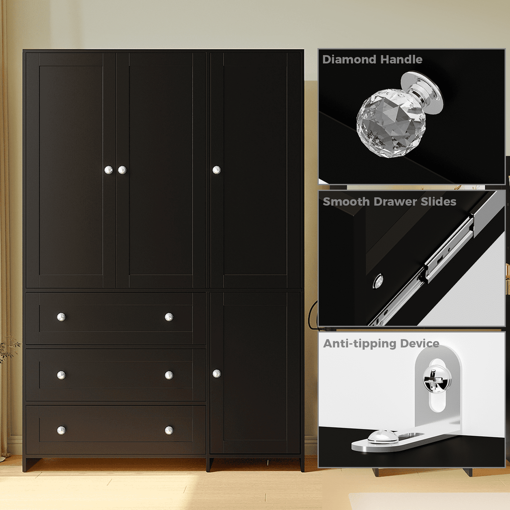 Richya Wardrobe Closet Armoire Storage Cabinet 3 Doors with Hanging Rod for Hanging Clothes Bedroom Large Capacity Tall Freestanding Armoire Organizer with Shelves particle board
