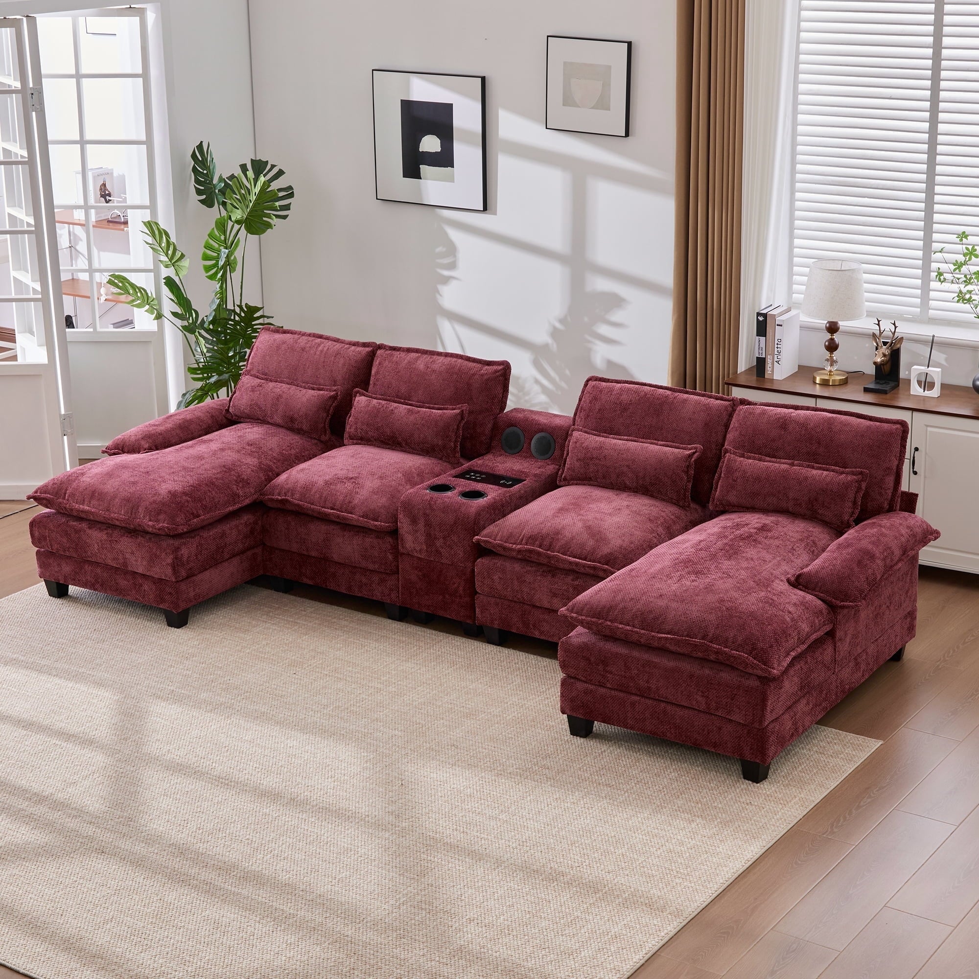 Villeston 126.77 U-Shaped Cloud Sofa With Chaise Lounge, Chenille Sofa With Wireless Charging, Bluetooth Speaker, Two Cup Holders, Storage Drawer, Suitable For Living Room,Gray
