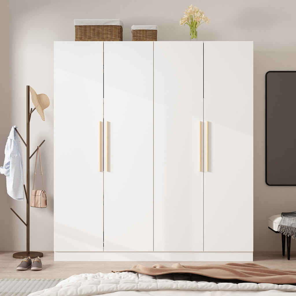 KULAGAGA  Large Wardrobe Closet, 4-Door Armoire Storage Cabinet with Hanging Rods and Shelves for Bedroom, White