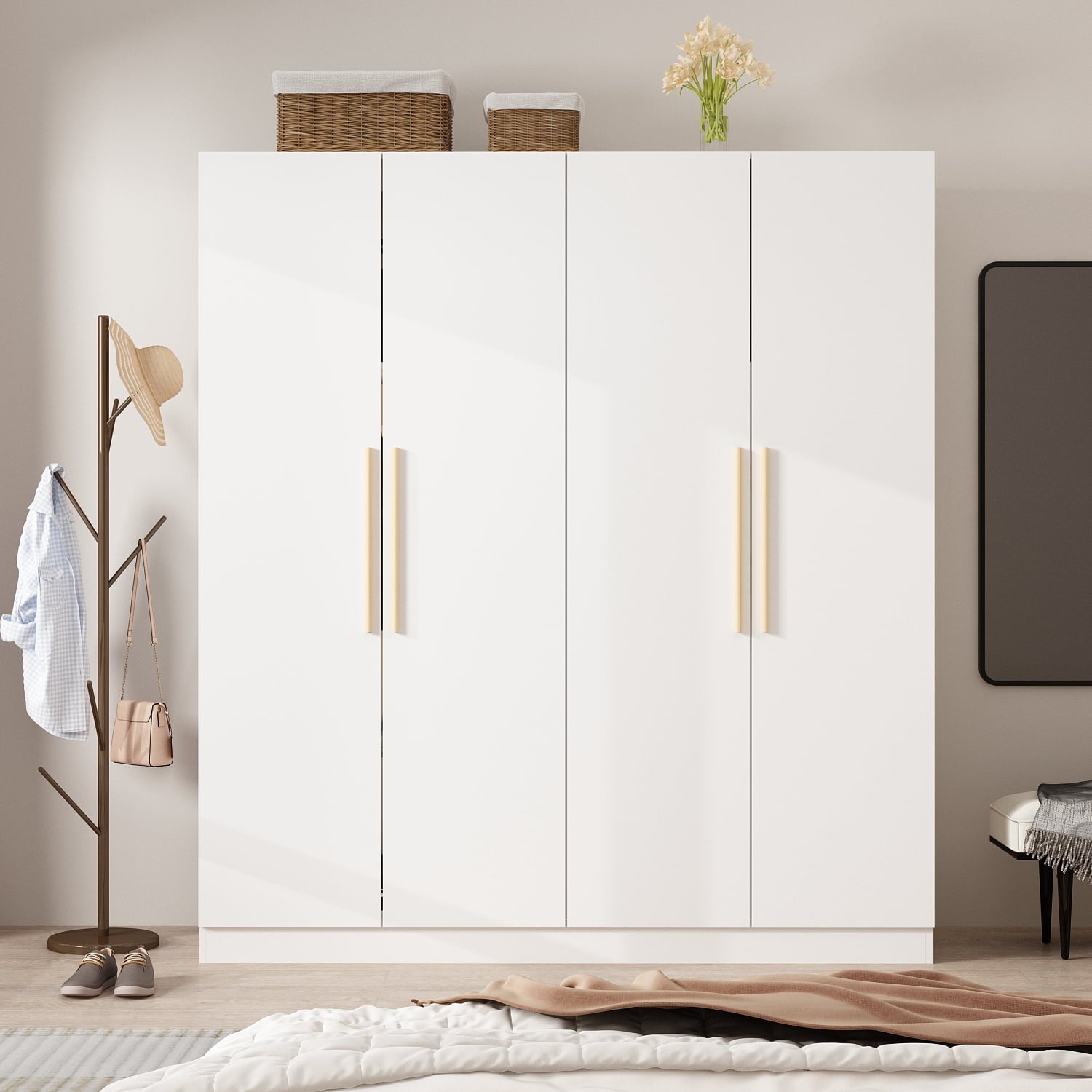 KULAGAGA  Large Wardrobe Closet, 4-Door Armoire Storage Cabinet with Hanging Rods and Shelves for Bedroom, White