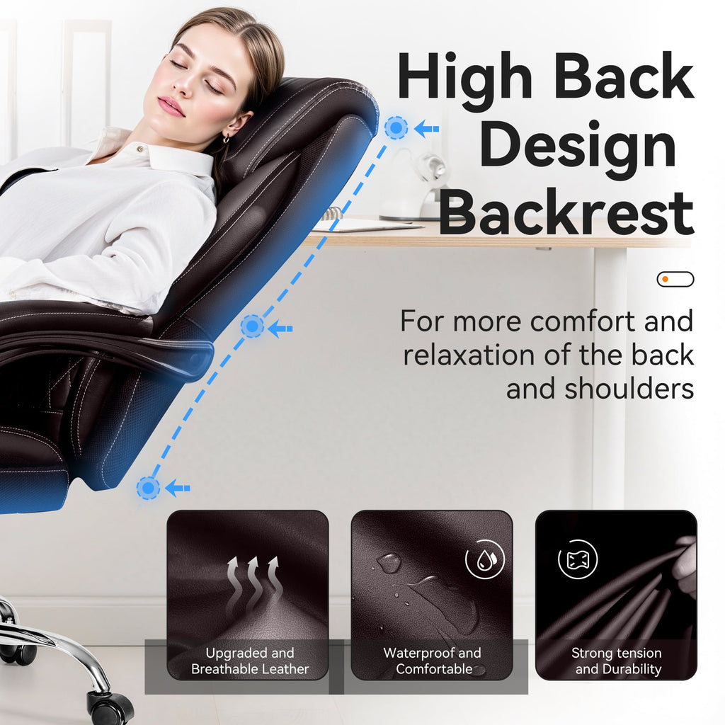 FASTES Ergonomic Office Chair, Big and Tall Leather Desk Chair with Footrest and Lumbar Support, 2-Position Reclining Executive Computer Chair, Black