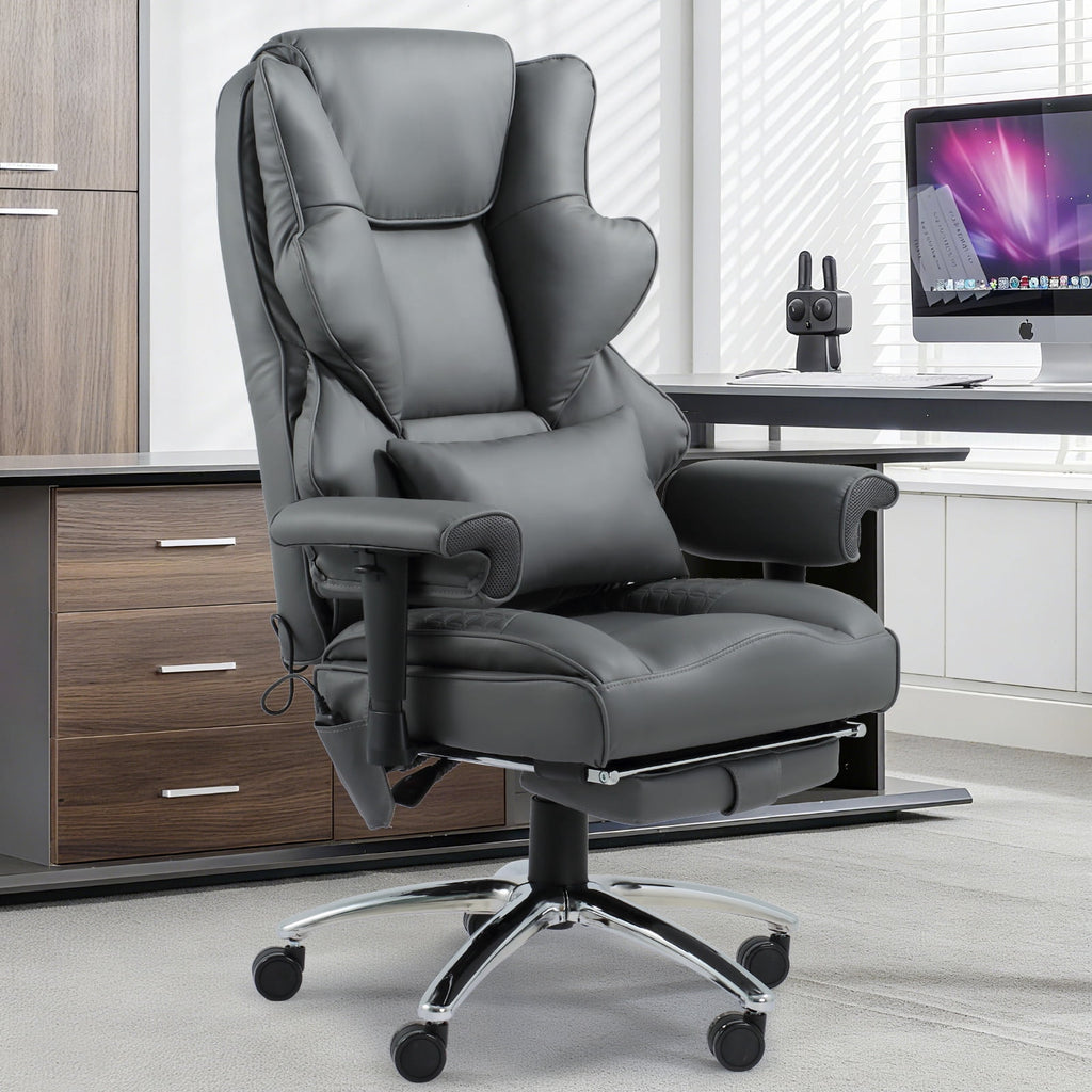 Massage & Heated Office Chair with Foot Rest, Ergonomic Executive Office Chair with Reclining Backrest, Adjustable Arms and Lumbar Support, High Back Leather Desk Chairs for Home Office, Beige