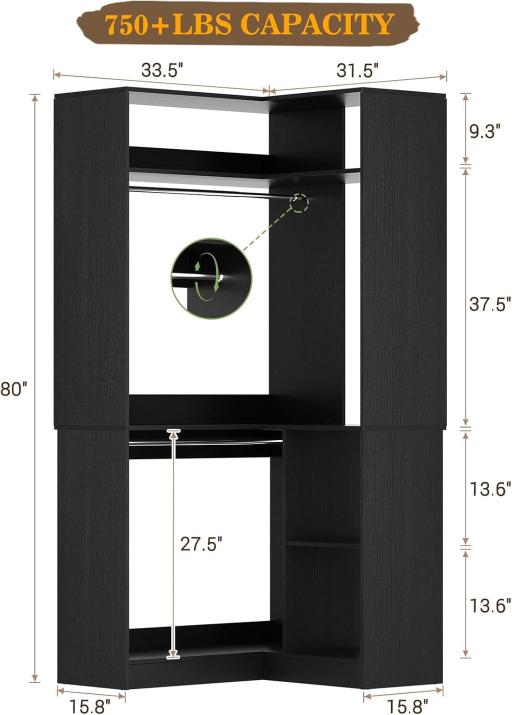 Homieasy 34 W Corner Closet System with Hanging Rods, White
