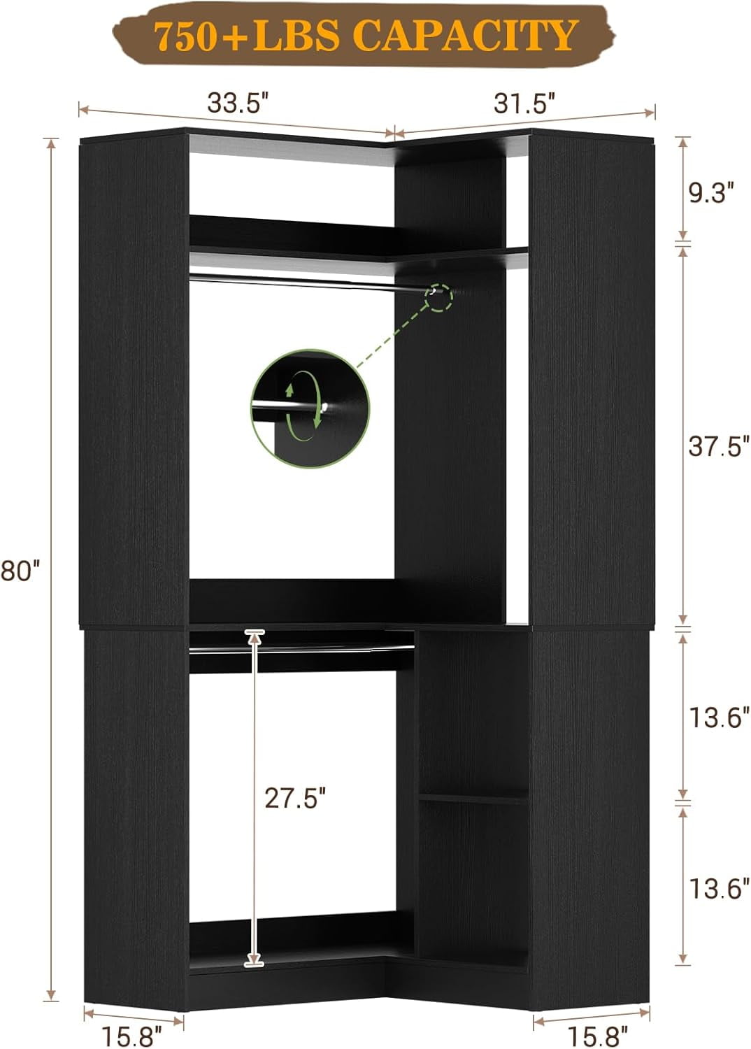 Homieasy 34 W Corner Closet System with Hanging Rods, White