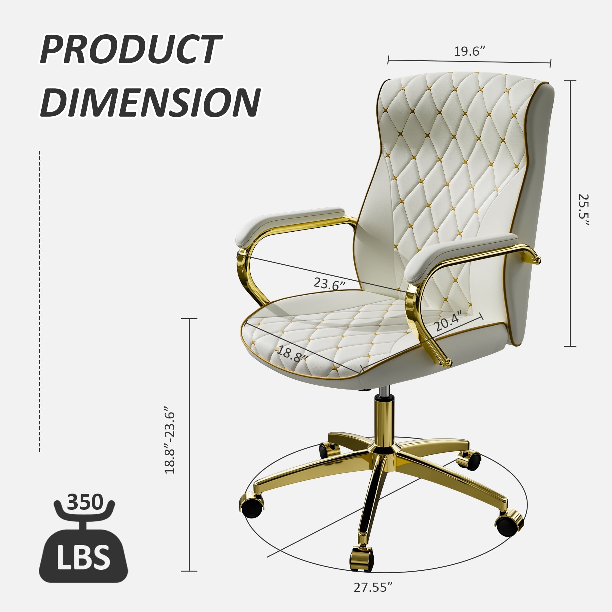 HomeZeer White and Gold Office Chair, Ergonomic High Back Executive Desk Chair with Wheels and Arms, Modern PU Leather Computer Chair with Rocking Function, White(Set of 2)