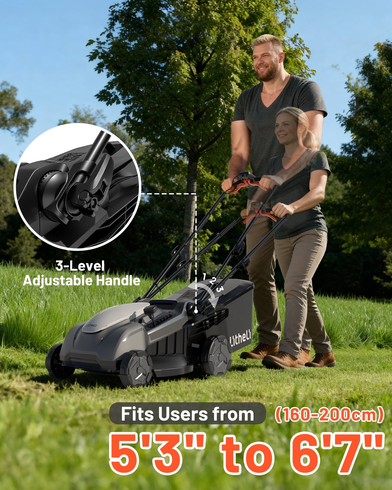 Litheli 40V Cordless Electric Lawn Mower, 17-Inch, Self-Propelled, Brushless Motor, 6-Position Height Adjustment, with 2 x 5.0Ah Battery, for Lawns & Gardens