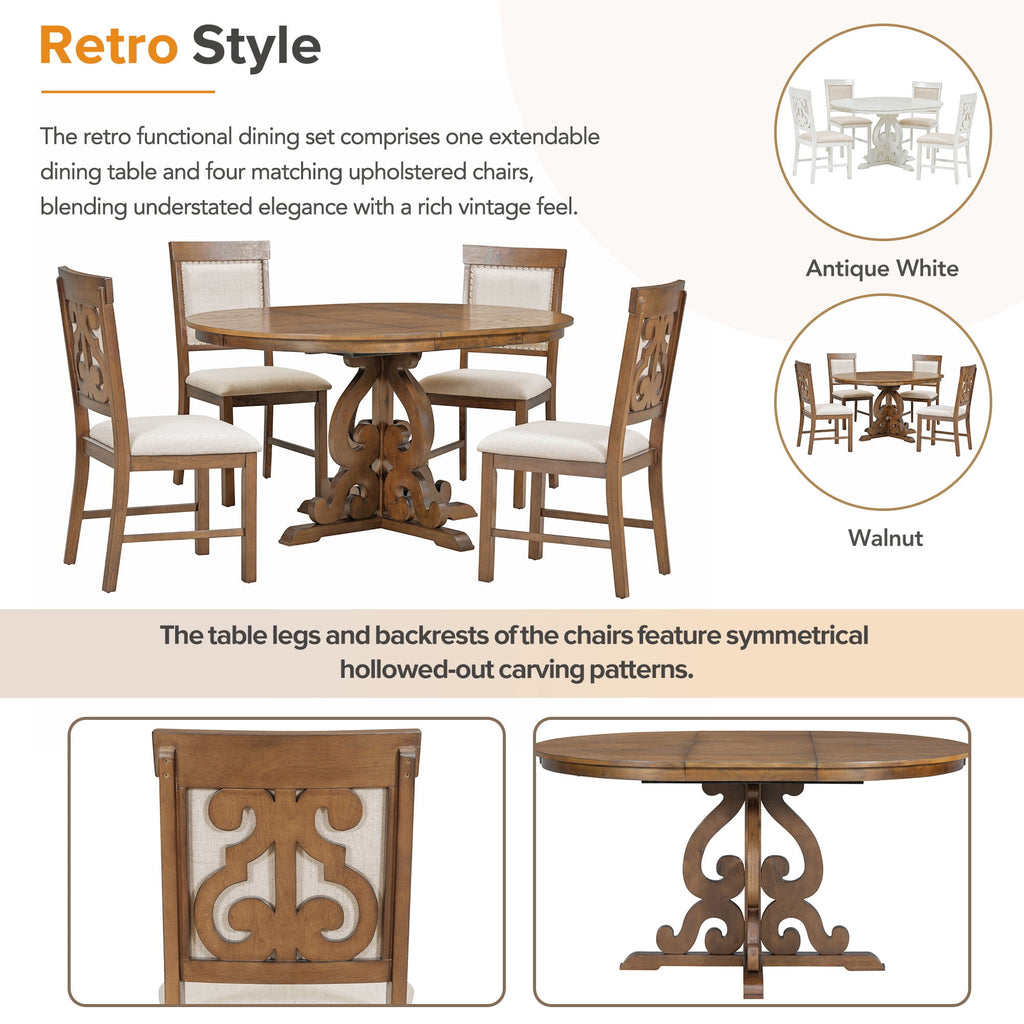Harper & Bright Designs Farmhouse 5 Piece Kitchen Dining Table Set for 4, Solid Wood Extendable Round Dining Table Set and 4 Upholstered Chairs, Retro Dining Set for Kitchen, Natural Wood Wash