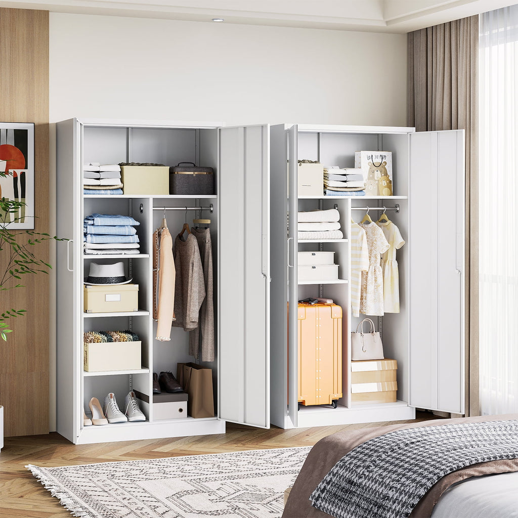 STANI Metal Wardrobe Closet with Hanging Rod, 72 White Armoire Wardrobe Cabinet with Adjustable Shelves, Clothes Storage Organizer Cabinets for Bedroom, Bathroom, Office
