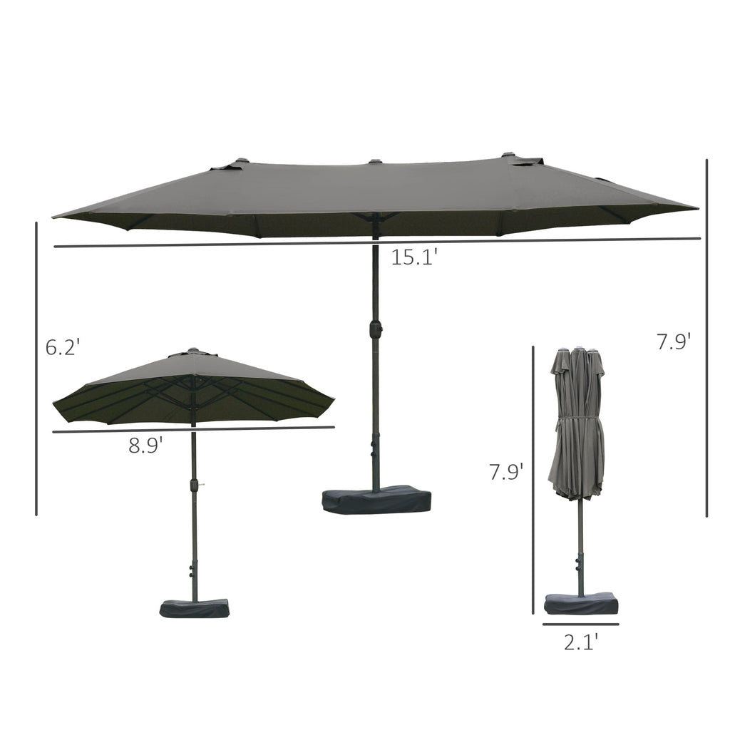Outsunny Patio Umbrella 15' Steel Rectangular Outdoor Double Sided Market with base, Sun Protection & Easy Crank for Deck Pool Patio, Beige