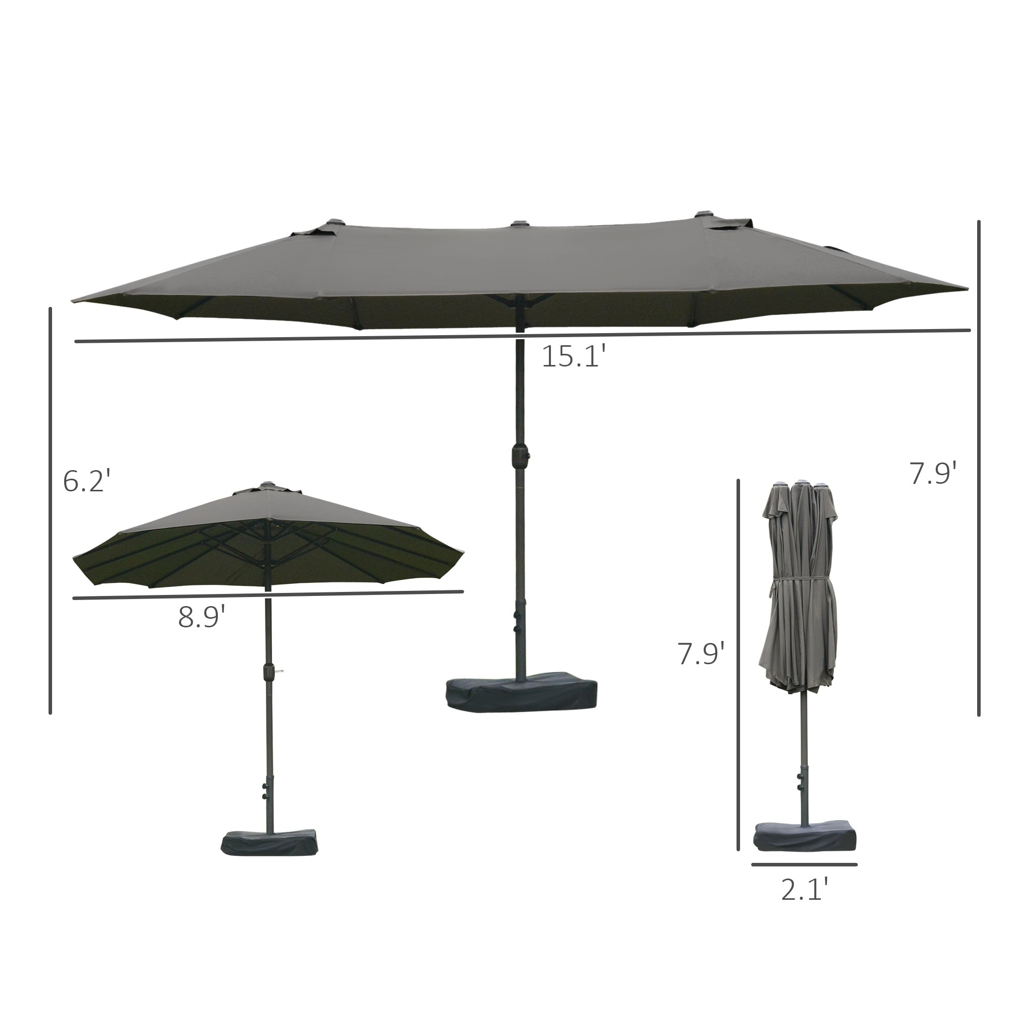 Outsunny Patio Umbrella 15' Steel Rectangular Outdoor Double Sided Market with base, Sun Protection & Easy Crank for Deck Pool Patio, Beige