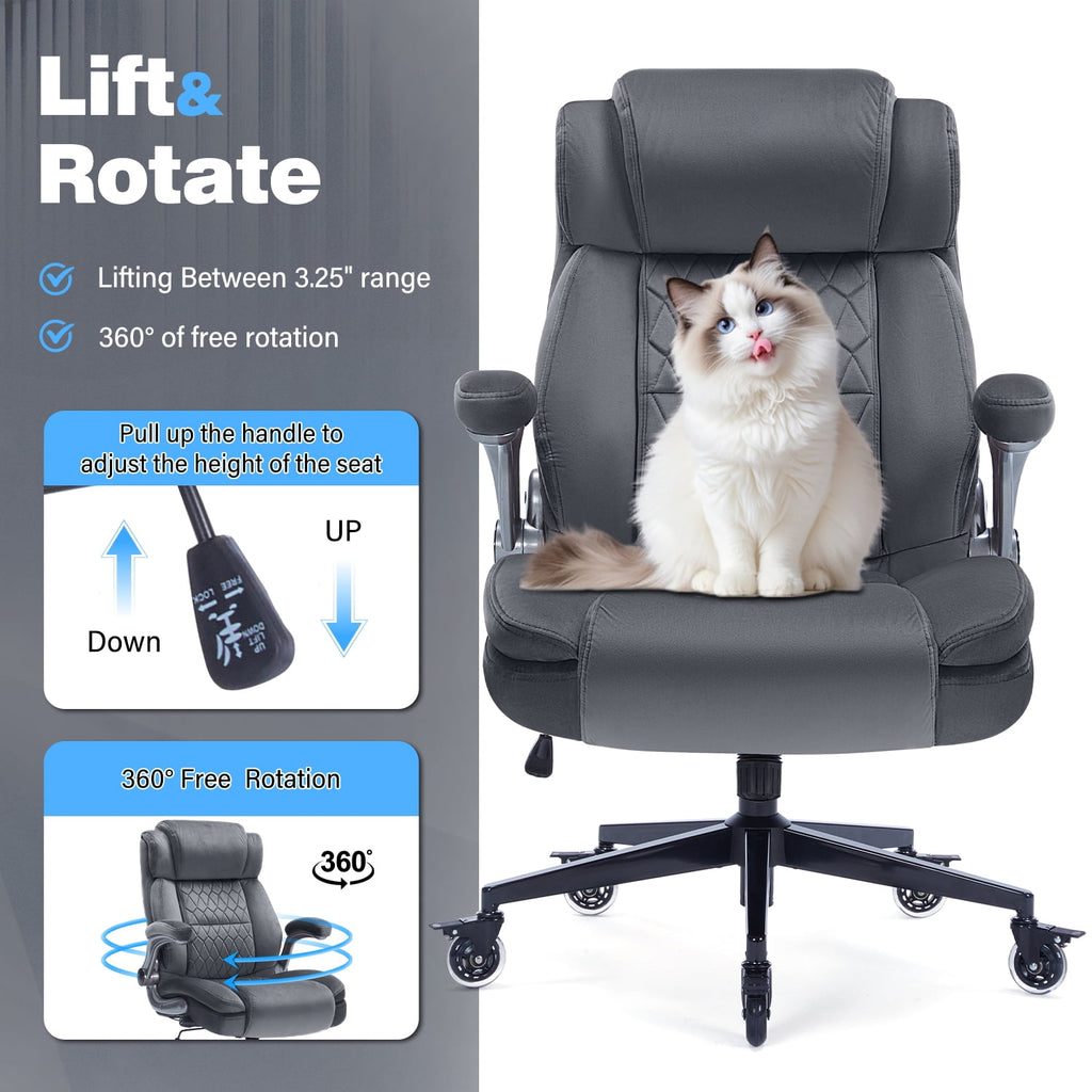 High Back Office Chair with Lockable Wheels, 400lbs Large Fabric Executive Desk Chair, Adjustable Lumbar Support Flip up Arms, Ergonomic Home Office Computer Chair with Storage Pocket, Black